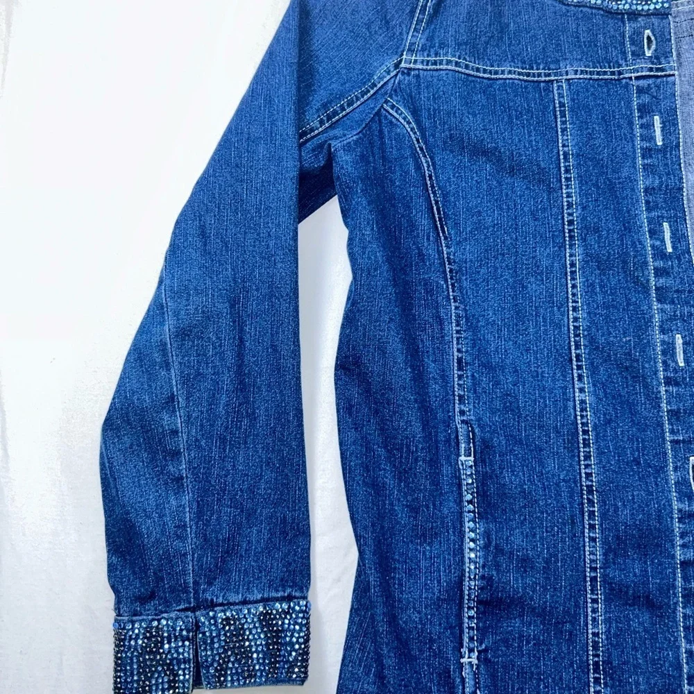 Quacker Factory Custom Denim Jacket No Bad Vibes Peace Rhinestone boho Sz M